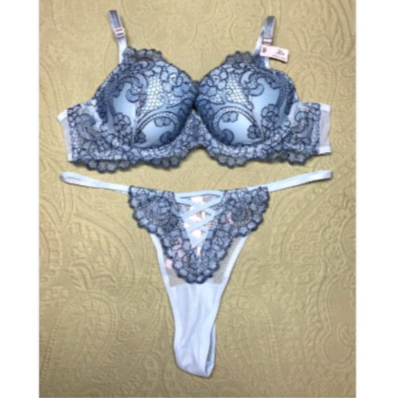 Victorias Secret Dream Angels Boho Floral Embroidery Demi Bra Blue Denim 36A Set - Picture 8 of 16